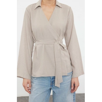 Kadın Moda Şık Üst Giyim Regular V Yaka Regular Kalıp Dokuma Kruvaze Bağlama Detaylı Bluz