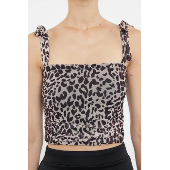Kadın Moda Şık Crop Kare Yaka Slim Kalıp Örme Animal Leopar Desenli Bağlama Detaylı Esnek Bluz