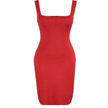 Yeni Fit Casual Günlük Tek Plaka Triko Kare Yaka Askılı Kol Bodycone Mini Boy Büyük Beden Elbise