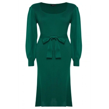 Yeni Fit Casual Günlük Fitilli Triko Kare Yaka Uzun Kol Bodycone Midi Boy Büyük Beden Elbise