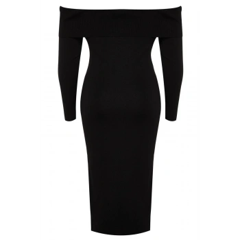 Yeni Fit Gündüz Gece Tek Plaka Triko Carmen Yaka Uzun Kol Bodycone Midi Boy Büyük Beden Elbise