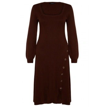 Yeni Slim Casual Günlük Fitilli Triko Kare Yaka Uzun Kol Bodycone Midi Boy Büyük Beden Elbise