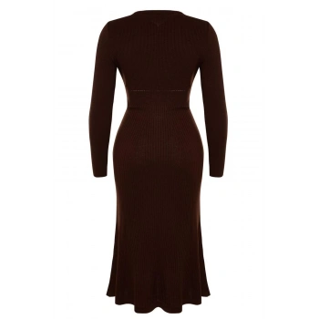 Yeni Fit Casual Günlük Fitilli Triko Bisiklet Yaka Uzun Kol A-Line Midi Boy Büyük Beden Elbise