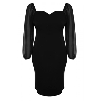 Yeni Fit Şık Abiye Gece Krep Dokuma V Yaka Uzun Kol Bodycone Midi Boy Büyük Beden Elbise