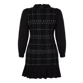 Yeni Fit Business Tüvit Dokuma Gömlek Yaka Uzun Kol A-Line Mini Boy Büyük Beden Elbise