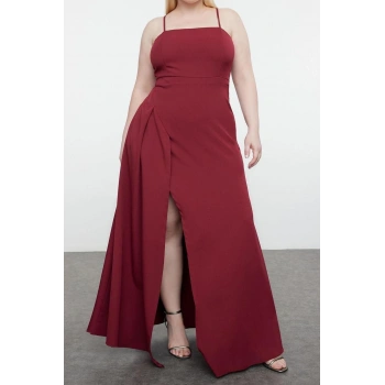 Yeni Fit Şık Abiye Gece Finike Dokuma Kare Yaka Askılı Kol Bodycone Maxi Boy Büyük Beden Elbise