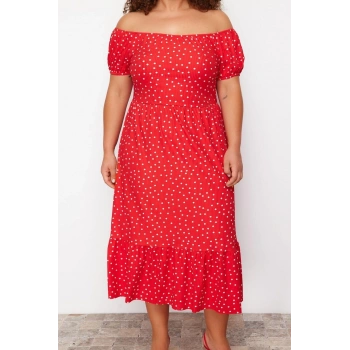 Yeni Rahat Şık Abiye Gece Kaşkorse Örme Carmen Yaka Kısa Kol Skater Midi Boy Büyük Beden Elbise