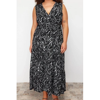 Yeni Rahat Casual Günlük Kaşkorse Örme Kruvaze Kolsuz Kol A-Line Maxi Boy Büyük Beden Elbise