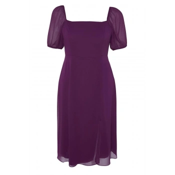 Yeni Fit Casual Günlük Şifon Dokuma Kare Yaka Kısa Kol A-Line Midi Boy Büyük Beden Elbise