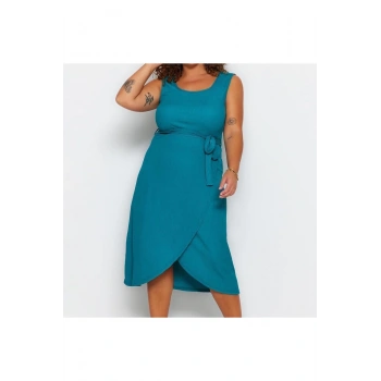 Yeni Slim Casual Günlük Bürümcük Örme U Yaka Kolsuz Kol Anvelop Midi Boy Büyük Beden Elbise