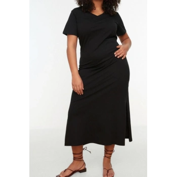 Yeni Slim Casual Günlük Süprem Örme V Yaka Kısa Kol Shift Midi Boy Büyük Beden Elbise