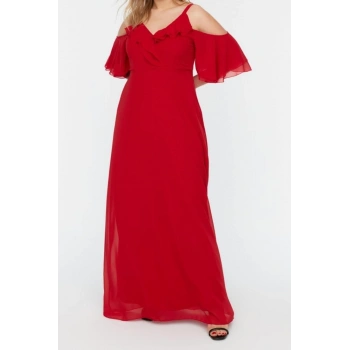 Yeni Rahat Düğün Nikah Şifon Dokuma V Yaka Askılı Kol A-Line Midi Boy Büyük Beden Elbise