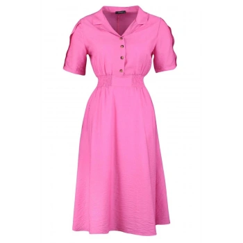 Yeni Rahat Casual Günlük Aerobin Dokuma Gömlek Yaka Kısa Kol A-Line Midi Boy Büyük Beden Elbise
