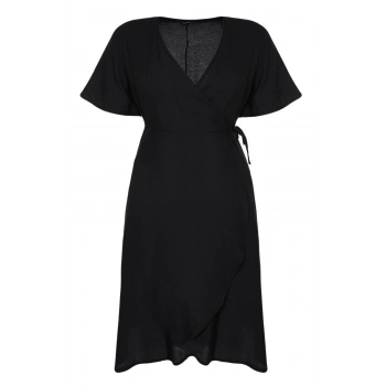 Yeni Rahat Casual Günlük Shally Dokuma Kruvaze Kısa Kol Anvelop Midi Boy Büyük Beden Elbise