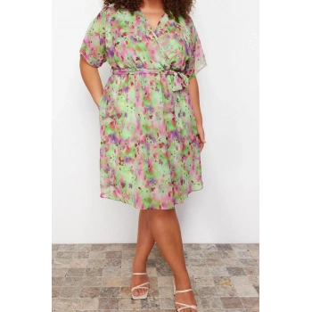 Yeni Rahat Casual Günlük Şifon Dokuma Kruvaze Kısa Kol A-Line Mini Boy Büyük Beden Elbise