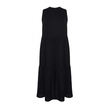 Yeni Rahat Casual Günlük Aerobin Dokuma Bisiklet Yaka Kolsuz Kol Smock Maxi Boy Büyük Beden Elbise