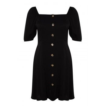 Yeni Fit Casual Günlük Shally Dokuma Kare Yaka Kısa Kol A-Line Mini Boy Büyük Beden Elbise