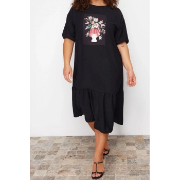 Yeni Rahat Casual Günlük Queen Crep Dokuma Bisiklet Yaka Kısa Kol Smock Midi Boy Büyük Beden Elbise