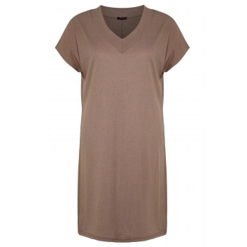 Yeni Slim Şık Abiye Gece Bürümcük Örme V Yaka Kısa Kol Shift Mini Boy Büyük Beden Elbise