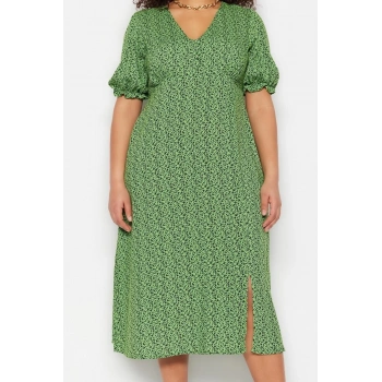 Yeni Rahat Casual Günlük Shally Dokuma V Yaka Kısa Kol A-Line Midi Boy Büyük Beden Elbise