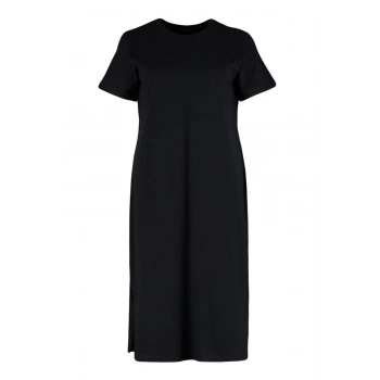 Yeni Rahat Casual Günlük Süprem Örme Bisiklet Yaka Kısa Kol Shift Midi Boy Büyük Beden Elbise