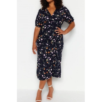 Yeni Rahat Casual Günlük Shally Dokuma Kruvaze Kısa Kol A-Line Midi Boy Büyük Beden Elbise