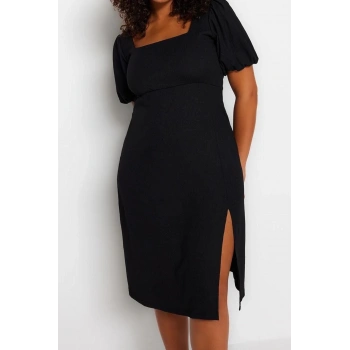 Yeni Slim Casual Günlük Bürümcük Örme Kare Yaka Kısa Kol A-Line Midi Boy Büyük Beden Elbise