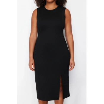 Yeni Slim Casual Günlük İnterlok Örme Bisiklet Yaka Kolsuz Kol Shift Midi Boy Büyük Beden Elbise