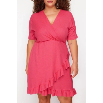 Yeni Slim Casual Günlük Bürümcük Örme Kruvaze Kısa Kol Anvelop Mini Boy Büyük Beden Elbise