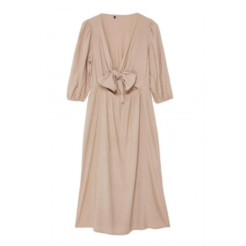 Yeni Fit Günlük Keten Karışımlı Dokuma V Yaka Truvakar Kol Kol A-Line Midi Boy Büyük Beden Elbise