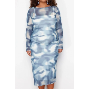 Yeni Fit Casual Günlük Tül Örme Bisiklet Yaka Uzun Kol Bodycone Midi Boy Büyük Beden Elbise