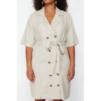 Yeni Business Keten Görünümlü Dokuma Ceket Yaka Kısa Kol Ceket Elbise Midi Boy Büyük Beden Elbise