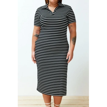 Yeni Slim Casual Günlük Kaşkorse Örme Polo Yaka Kısa Kol Shift Midi Boy Büyük Beden Elbise