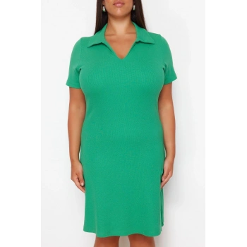 Yeni Slim Casual Günlük Kaşkorse Örme Polo Yaka Kısa Kol A-Line Midi Boy Büyük Beden Elbise