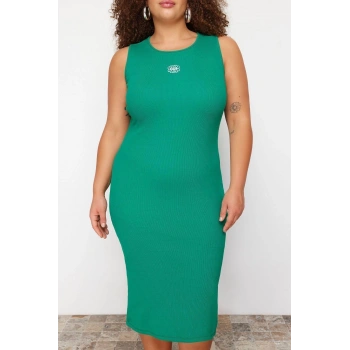 Yeni Fit Casual Günlük Kaşkorse Örme Halter Yaka Kolsuz Kol Shift Midi Boy Büyük Beden Elbise