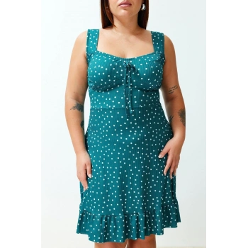 Yeni Fit Casual Günlük Kaşkorse Örme Kare Yaka Askılı Kol A-Line Mini Boy Büyük Beden Elbise