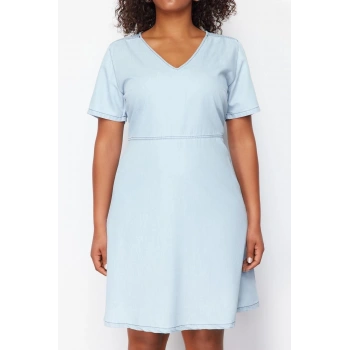 Yeni Rahat Casual Günlük Rigid Denim V Yaka Kısa Kol A-Line Mini Boy Büyük Beden Elbise