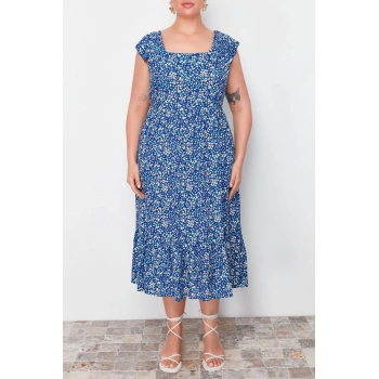 Yeni Fit Casual Günlük Shally Dokuma Kare Yaka Askısız Kol A-Line Midi Boy Büyük Beden Elbise