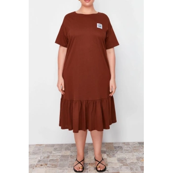 Yeni Rahat Günlük Süprem Örme Bisiklet Yaka Kısa Kol T-Shirt Elbise Midi Boy Büyük Beden Elbise