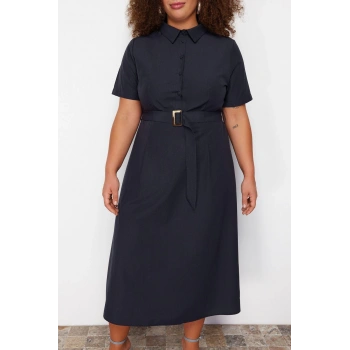 Yeni Fit Casual Günlük Poplin Dokuma Gömlek Yaka Kısa Kol Gömlek Elbise Midi Boy Büyük Beden Elbise