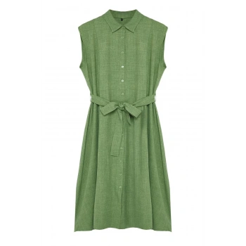 Yeni Rahat Günlük Keten Görünümlü Dokuma Gömlek Yaka Kısa Kol A-Line Midi Boy Büyük Beden Elbise