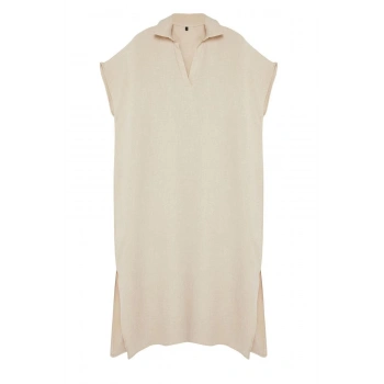 Yeni Oversize Günlük Keten Görünümlü Dokuma Gömlek Yaka Kısa Kol A-Line Midi Boy Büyük Beden Elbise