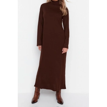 Yeni Regular Günlük Tek Plaka Triko Yarım Balıkçı Yaka Uzun Kol Shift Uzun Boy Tesettür Elbise