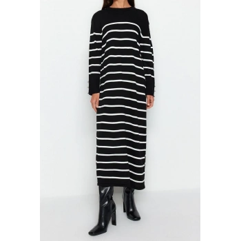 Yeni Regular Casual Günlük Çift Plaka Triko Bisiklet Yaka Uzun Kol Shift Maxi Boy Tesettür Elbise