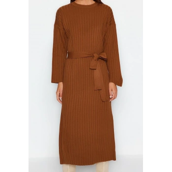 Yeni Rahat Günlük Ribana Kaşkorse Triko Bisiklet Yaka Uzun Kol A-Line Maxi Boy Tesettür Elbise