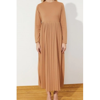 Yeni Regular Casual Günlük Scuba Krep Örme Bisiklet Yaka Uzun Kol Basic Maxi Boy Elbise