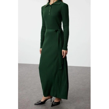 Yeni Fit Casual Günlük Ribana Kaşkorse Triko Polo Yaka Uzun Kol Balık Maxi Boy Tesettür Elbise