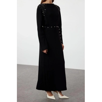 Yeni Regular Günlük Ribana Kaşkorse Triko Bisiklet Yaka Uzun Kol Shift Maxi Boy Tesettür Elbise