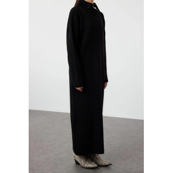 Yeni Rahat Casual Günlük Çift Plaka Triko Dik Yaka Uzun Kol Shift Maxi Boy Tesettür Elbise