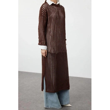 Yeni Oversize Casual Günlük Ajur Triko Bisiklet Yaka Uzun Kol Basic Maxi Boy Tesettür Elbise